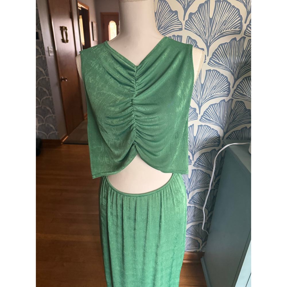 PRETTYLITTLETHINGS Ruched Green Shimmer Cut-Out Tank Dress Sz. 18 - Picture 6 of 9